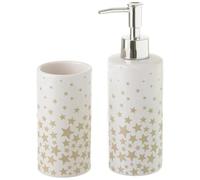 BAKAJI Set Accessori da Bagno 2 Pezzi con Dispenser Sapone Liquido Bicchiere Portaspazzolini in Ceramica Bianca con Trama Stelle, Design Moderno, Oggettistica per Sanitari (Beige)