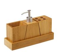 BAKAJI Set da Bagno 3pz con Dispenser Sapone Bicchiere e Portaspazzolini in Legno di Bambu' Dimensione 25,5 x 8 x 17 cm Colore Bamboo Naturale e Silver