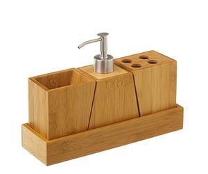 BAKAJI Set da Bagno 3pz con Dispenser Sapone Bicchiere e Portaspazzolini in Legno di Bambu' Dimensione 25,5 x 8 x 17 cm Colore Bamboo Naturale e Silver