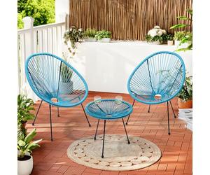 BAKAJI Set da Giardino in Polyrattan con 2 Sedie e 1 Tavolino, Design Intrecciato, Salotto da Conversazione per Esterni, Salottino Ideale per Patio, Balcone, Ristorante, Bar (Azzurro)