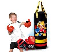 BAKAJI Set da Pugilato Giocattolo Bambini Sacco da Boxe con Cassa Effetti Sonori da Appendere e Coppia di Guantoni Gioco Sport in Plastica Giallo e Rosso con Decorazione Tigre