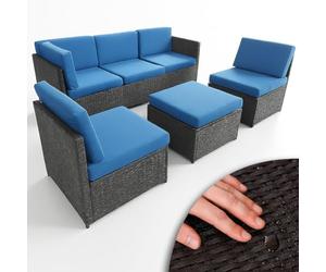 BAKAJI Set Divano 4 Pezzi da Giardino in Polyrattan con Pouf 5 Posti, Salotto per Arredamento da Esterno con Struttura in Metallo e Cuscini Imbottiti Salottino per Terrazzo Moderno (Blu)