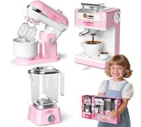 BAKAJI Set Elettrodomestici da Cucina Giocattolo Rosa per Bambini, Planetaria, Macchina del Caffè e Frullatore, Luci e Suoni Realistici, Mixer, Impastatrice, Coffee Maker, Idea Regalo