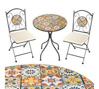 BAKAJI Set Tavolo 60 x 70 cm + 2 Sedie Pieghevoli con Decorazione Mosaico, Tavolino Resistente Salvaspazio per Arredo Esterno, Giardino, Terrazzo, Struttura in Metallo Colore Nero (Design 4)