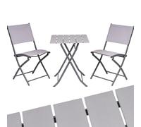 BAKAJI Set Tavolo Pieghevole con 2 Sedie Rivestimento in Textilene, Arredo Giardino Richiudibile con Struttura in Acciaio e Tavolino PE Effetto Legno, Esterno, Patio, Balcone, Resistente UV (Grigio)