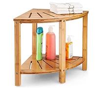 BAKAJI Sgabello Angolare da Bagno Doccia in Legno Tavolo Scaffale ad Angolo Multiuso con Doppio Ripiano Portaoggetti Portasciugamani Design Moderno Tavolino 40 x 40 x 43 cm Colore Naturale