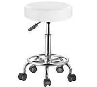 BAKAJI Sgabello con ruote rotondo, Seduta in Ecopelle e Base Acciaio Girevole a 360°, Altezza Regolabile, Imbottitura con spessore da 10 cm, Ideale per Bar, Casa, Estetista, Studio medico (Bianco)