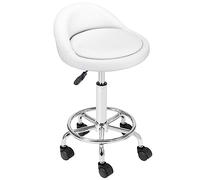 BAKAJI Sgabello con ruote, Seduta imbottita e Schienale Basso in Ecopelle, Base con Poggiapiedi in Acciaio Girevole a 360°, Altezza regolabile, ideale per estetista, Bar, Cucina, Ristoranti,(Bianco)
