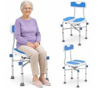 BAKAJI Sgabello da Doccia con Schienale e Braccioli, Struttura Alluminio e Seduta Ergonomica in HDPE, Sedile da Bagno per Anziani, Disabili e Persone con Mobilità Ridotta, Regolabile Altezza 83-93 cm