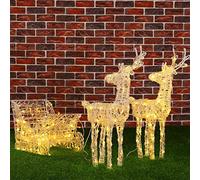 BAKAJI Slitta e Renne Natalizie 3D Luminose 240 Luci LED Bianco Caldo Carro di Natale per Esterno Da Giardino a batterie 7 Effetti Luminosi Altezza Renne 68 cm Slitta 35 cm