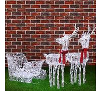 BAKAJI Slitta e Renne Natalizie 3D Luminose 240 Luci LED Bianco Freddo Carro di Natale per Esterno da Giardino a Batterie 7 Effetti Luminosi Altezza Renne 68cm Slitta 35 cm