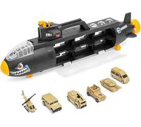 BAKAJI Sottomarino Militare Giocattolo Bisarca con 6 Veicoli, Macchinina Camion Gioco per Bambini con Accessori, Elicottero e Carrarmato con Maniglia per Trasporto, Veicoli Militari 54 x 10 x 18 cm