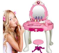 BAKAJI Specchiera da tavolo Make-Up Giocattolo per Bambini Toeletta Ballerina con Sgabello Luci Suoni Asciugacapelli Funzionante a Batteria e Accessori Gioco Dimensione 45 x 32 x 72 cm