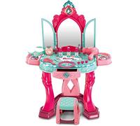 BAKAJI Specchiera Giocattolo per Bambine con Doppia Anta Porte Specchio Set Bellezza Make Up Mobile con Sgabello e Accessori Realistici Gioco con Luci e Suoni con Cassetto Contenitore Sicuro Robusto