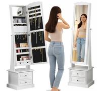 BAKAJI Specchiera Portagioie Bianca con Anta Apribile e 2 Cassetti, Armadietto Portagioielli Indipendente, Portagioie Organizer con Specchio e Struttura in Legno, Apertura a Chiave, 44 x 35 x 163 cm