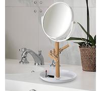 BAKAJI Specchio Cosmetico Fronte Retro Con Zoom Base Portaoggetti in Legno e Plastica Cosmetica Specchi Viso Make Up Estetista Organizer Portatile