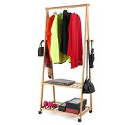 BAKAJI Stand Appendiabiti in Legno di Bambu per Camera da Letto Ingresso con Ruote Girevoli 2 Ripiani Porta Abiti Asta per Grucce e Ganci Laterali Dimensione 70 x 33 x 153 cm Colore Bamboo Naturale