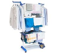 BAKAJI Stendino Stendibiancheria a Torre in Acciaio e ABS di Grande Capacità Modulabile Pieghevole Salvaspazio Richiudibile Stendino Biancheria Antiurto (Blu e bianco)