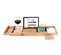 BAKAJI Tavolino Vassoio per Vasca Bagno Estensibile con portasapone Regolabile in Legno bambù Supporto per Tablet Bamboo Scomparti Organizer per Il Bagno in Bambu