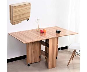 BAKAJI Tavolo da Pranzo Scrivania Multiuso Pieghevole Richiudibile Allungabile con Libreria 2 Scomparti Ripiani a Scomparsa e Ruote in Legno MDF Design Moderno 140 x 80 x 74 cm (Quercia)