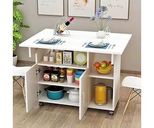 BAKAJI Tavolo da Pranzo Tavolino Mobile Cucina con Scaffali Armadietto Salvaspazio Portaoggetti con Ante Ripiani Ruote Scrivania Multiuso in Legno MDF Design Moderno Arredamento