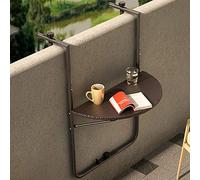 BAKAJI Tavolo da Ringhiera per Esterno Pieghevole Salvaspazio, Tavolino da Appoggio per Balcone con Altezza Regolabile, Struttura in Metallo Piano Polyrattan Chiusura Ribaltabile, 60 x 64 cm (Marrone)