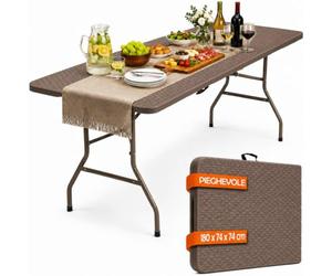 BAKAJI Tavolo Pieghevole Resina HDPE con Piano Effetto Rattan Marrone | Tavolino da Esterno e Interno, Richiudibile a Libro con Maniglia, Ideale per Feste, Giardino, Buffet