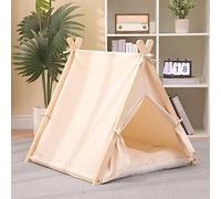 BAKAJI Tenda per Animali Domestici, Cuccia per Cani e Gatti con Telaio in Legno Resistente e Copertura in Tela Traspirante, Casetta Comoda e Facile da Montare, Ideale per Interni ed Esterni (Beige)