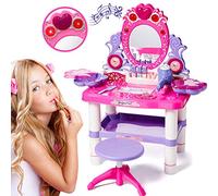 BAKAJI Toeletta Specchiera Make-Up Giocattolo per Bambini Ballerina con Sgabello Luci Suoni Asciugacapelli Funzionante a Batteria e Accessori Gioco Dimensione 55 x 52 x 74,5 cm