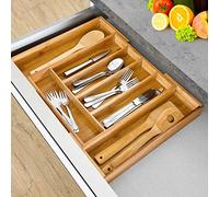 BAKAJI Vassoio Portaposate da Cassetto Estendibile per Cucina in Legno di bambù con 5 Scomparti Porta Posate + 2 a Scomparsa Colore Bamboo Naturale Salvaspazio (37 x 31 x 5 cm)