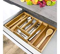 BAKAJI Vassoio Portaposate da Cassetto Estendibile per Cucina in Legno di bambù con 5 Scomparti Porta Posate + 2 a Scomparsa Colore Bamboo Naturale Salvaspazio (33,5 x 29 x 5 cm)