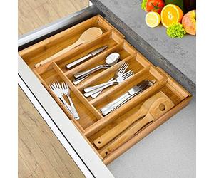 BAKAJI Vassoio Portaposate da Cassetto Estendibile per Cucina in Legno di bambù con 5 Scomparti Porta Posate + 2 a Scomparsa Colore Bamboo Naturale Salvaspazio (37 x 31 x 5 cm)