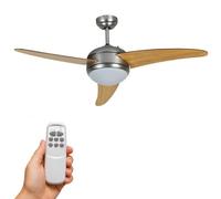 BAKAJI Ventilatore Lampadario da Soffitto 3 Pale in Legno con Lampada in Vetro Satinato 3 Velocità e Telecomando per Comando a Distanza Diametro 130cm Colore Silver e Legno Naturale