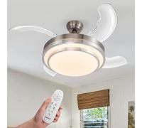 BAKAJI Ventilatore Lampadario da Soffitto 4 Pale retrattili con Lampada in Vetro Satinato 3 Velocità e Telecomando per Comando a Distanza Diametro 106 cm Colore Silver e Pale trasparenti