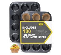 Bake Choice 2 Pezzi Standard Teglia Muffin con 12 Stampo Muffin,Inclusi 100 Pezzi Standard Pirottini in Carta, in Acciaio al Carbonio,Rivestimento Antiaderente per Cupcake