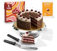 BakeBuddy Piatto girevole professionale per torte, 30 cm, in alluminio, con fondo antiscivolo, con 2 spatole angolari e 3 spatole per impasto in acciaio inox, stabile piatto girevole per torte con