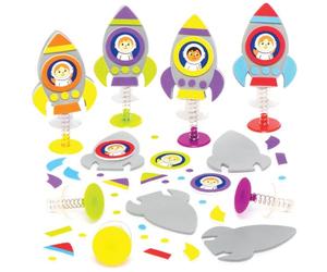 Baker Ross AX181 Giochi Salterini Razzo Spaziale - Confezione Da 8, Piccoli Giocattoli Che Saltano Con Divertenti Personaggi Dello Spazio, Con Adesivi In Gommapiuma