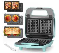 Baker's Friend - Mini waffle 3 in 1 con piatti rimovibili, mini macchina per frittelle, formaggi alla griglia, pressa per panini per colazione, mini griglia interna, waffle belga, acquamarina