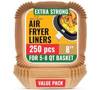Baker's Signature Fodere usa e getta per friggitrice ad aria, 250 pezzi, fogli quadrati da 20 cm, per cestelli da 5,5-9 l, forno, padelle, accessori per friggitrice ad aria da cucina, facili da pulire