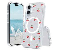Bakicey Custodia magnetica per iPhone 16, trasparente, con papillon di ciliegia, in TPU, con aspirazione magnetica, carina ragazza, antigraffio, morbida, per iPhone 16, piccola ciliegia