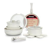 Bakken-Swiss - Set di pentole rimovibili, 15 pezzi, in granito, antiaderente, ecologico, con manici rimovibili impilabili, per tutti i fornelli e forno, rivestimento in marmo color crema