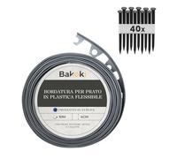 BAKOKI Bordo flessibile per prato (10 m | 40 ancoraggi | 4 cm di altezza) grigio plastica resistente alle intemperie - bordatura per aiuole - bordo per aiuole - bordo per tagliaerba