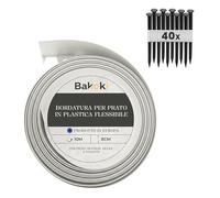 BAKOKI Bordo flessibile per prato (10 m | 40 ancoraggi | 8 cm di altezza) in plastica bianca resistente alle intemperie - bordatura per aiuole - bordo per aiuole - bordo per tagliaerba