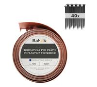 BAKOKI Bordo flessibile per prato (10 m, 40 ancoraggi a terra, altezza 10 cm, in terracotta marrone chiaro, in plastica, resistente alle intemperie, per aiuole, rotondo, bordatura per aiuole, bordo