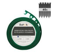 BAKOKI Bordo flessibile per prato (10 m, 40 ancore, altezza 4 cm, verde, in plastica, resistente alle intemperie, per aiuole, rotondo, bordo per aiuole, bordo per tagliaerba