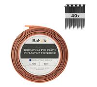 BAKOKI Bordo flessibile per prato (10 m, 40 ancore, altezza 6 cm, in terracotta, in plastica, resistente alle intemperie, per aiuole, rotondo, bordo per aiuole, bordo per tagliaerba
