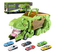 Balakaka Camion dei Dinosauri Transporter Truck Macchinine, Dinosauro Macchinine Giocattolo con 6 Auto da Corsa, Portatile Dinosauro Giocattolo Regalo Bimbo 3-8 Anni,Verde