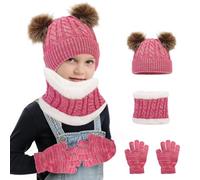 Balakaka Cappello a Maglia Bambini Invernale con Pompom,Morbido Set di Guanti e Sciarpa per Cappello Invernale 3 Pezzi,Berretto Sciarpa Beanie Cappello Scaldacollo per Ragazzo 2-8 Anni,Rosa