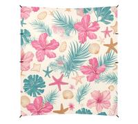Baldacchino pieghevole da spiaggia con foglie tropicali, fiori di ibisco rosa, stella marina, stile hawaiano, UPF50, leggero, per esterni, include pala di sabbia, sacchi di sabbia, pali di stabilità