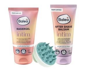 Balea Gel da barba intimo, 150 ml + Balea After Shave Balsamo intimo, 100 ml + spazzola massaggiante per la crescita dei capelli e la circolazione sanguigna
